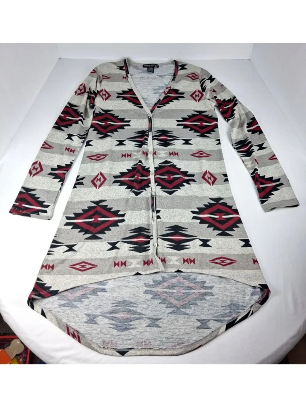 Living Doll Los Angeles Large Tribal Aztec Style Cardigan Sweater High-Low Hem - Picture 4 of 12